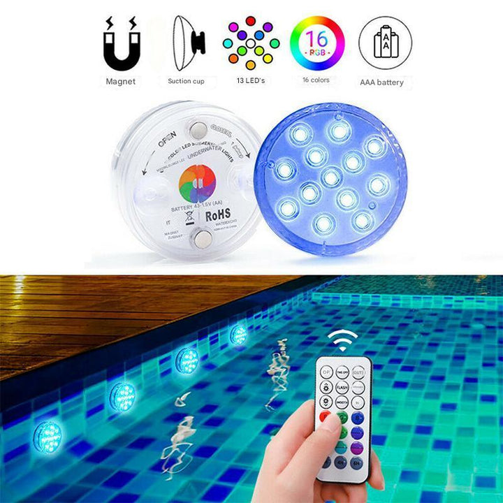 Lampe LED étanche sous-marine avec télécommande, 16 couleurs, modes lumineux variés pour piscine ou étang.