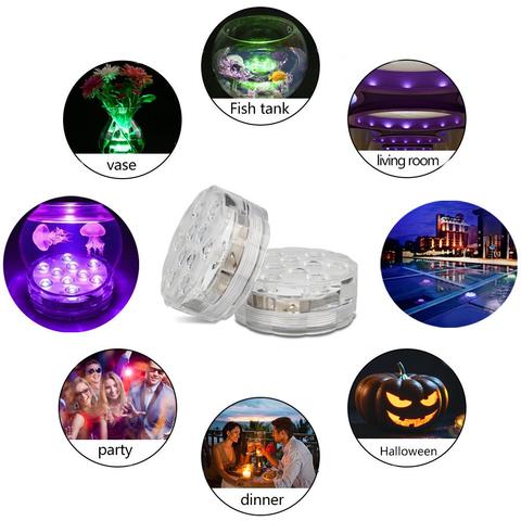 Lampe LED étanche sous-marine avec télécommande, 16 couleurs, modes lumineux variés pour piscine ou étang.