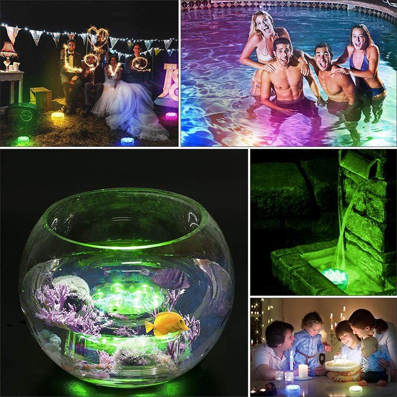Lampe LED étanche sous-marine avec télécommande, 16 couleurs, modes lumineux variés pour piscine ou étang.