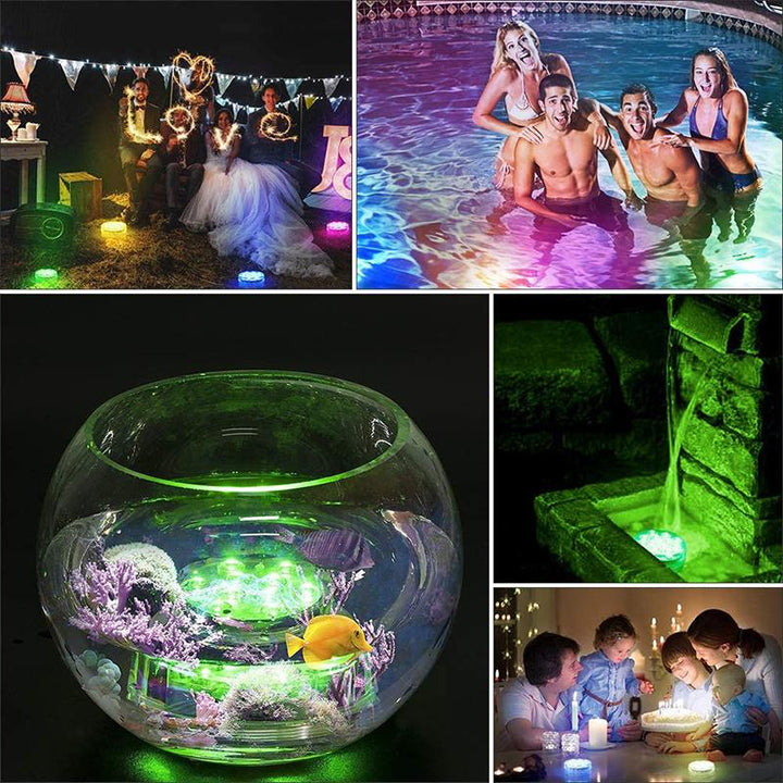 Lampe LED étanche sous-marine avec télécommande, 16 couleurs, modes lumineux variés pour piscine ou étang.