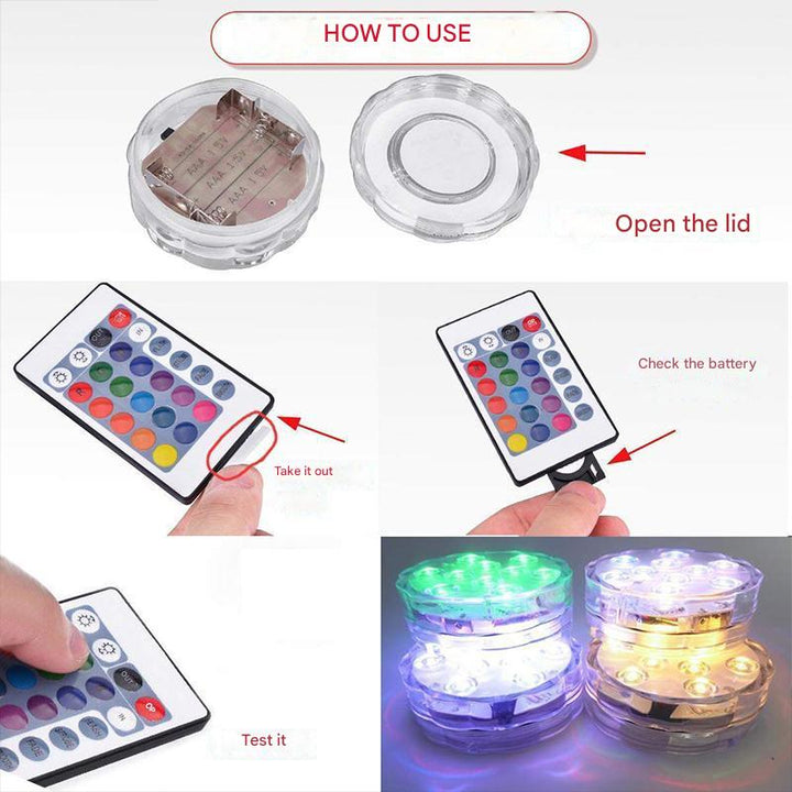 Lampe LED étanche sous-marine avec télécommande, 16 couleurs, modes lumineux variés pour piscine ou étang.