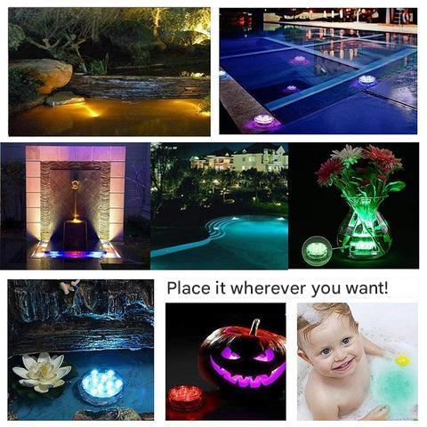 Lampe LED étanche sous-marine avec télécommande, 16 couleurs, modes lumineux variés pour piscine ou étang.