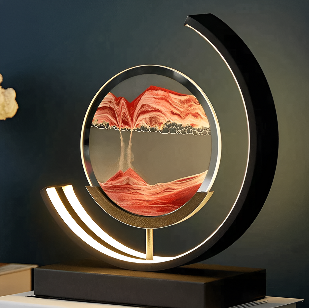 Lampe LED Sand Glow avec sable mouvant, commande à distance, éclairage apaisant, métal et verre, moderne et élégant.