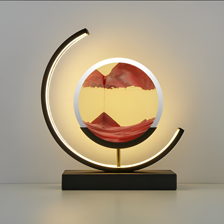 Lampe LED Sand Glow avec sable mouvant, commande à distance, éclairage apaisant, métal et verre, moderne et élégant.