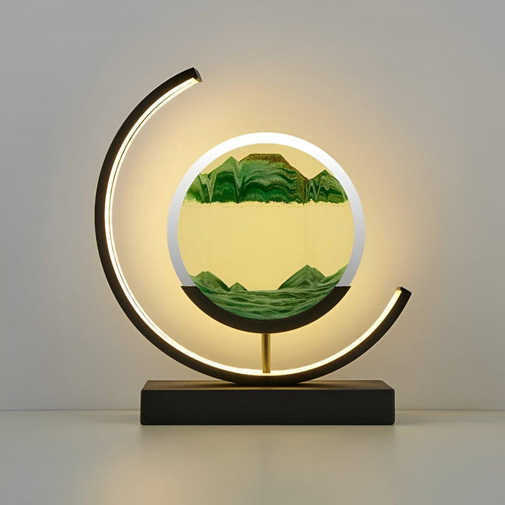 Lampe LED Sand Glow avec sable mouvant, commande à distance, éclairage apaisant, métal et verre, moderne et élégant.