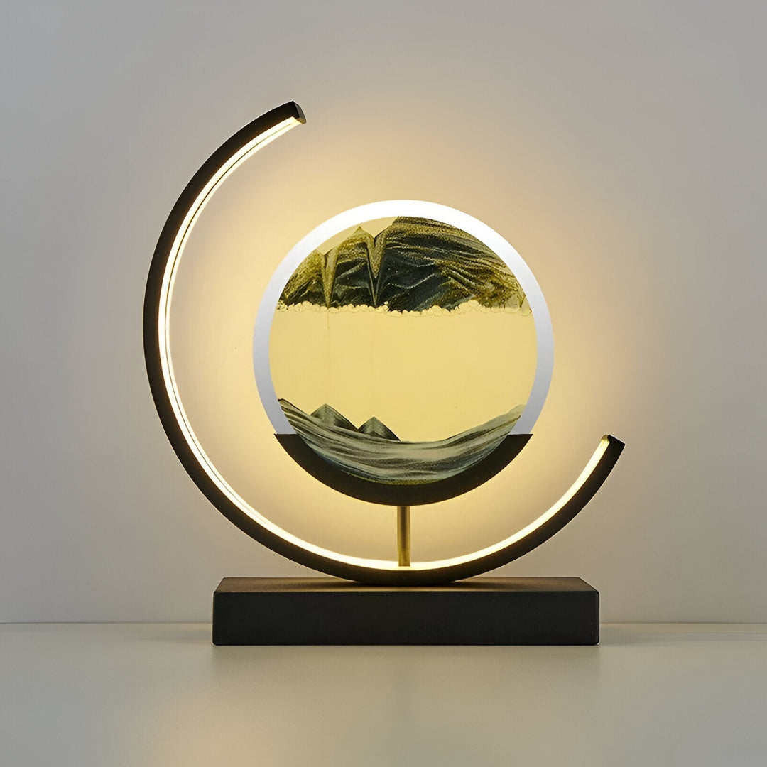 Lampe LED Sand Glow avec sable mouvant, commande à distance, éclairage apaisant, métal et verre, moderne et élégant.