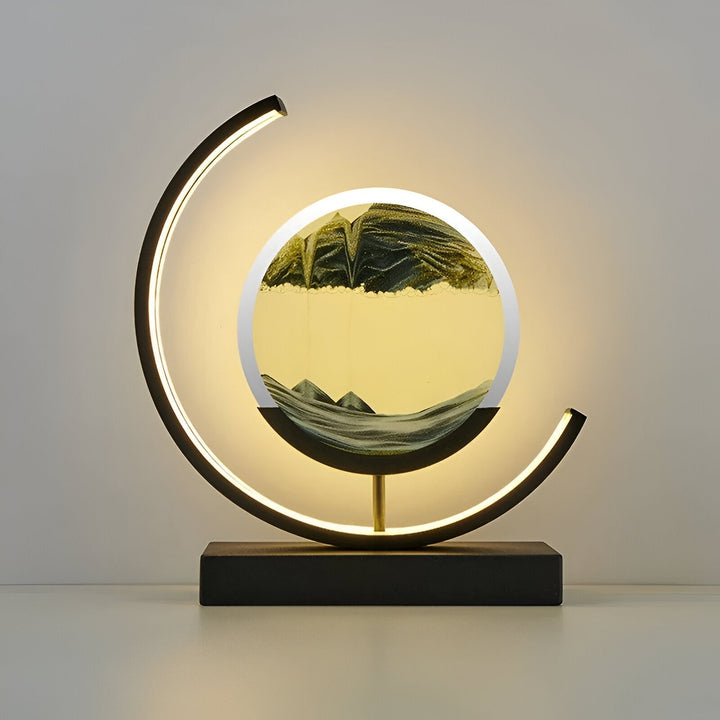 Lampe LED Sand Glow avec sable mouvant, commande à distance, éclairage apaisant, métal et verre, moderne et élégant.