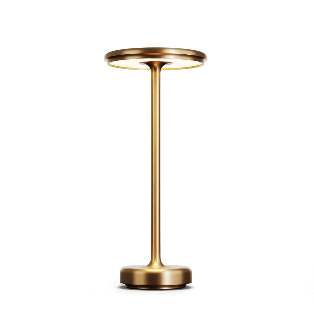 "Lampe LED sans fil rechargeable, design moderne minimaliste, coloris or, éclairage élégant pour intérieur contemporain"