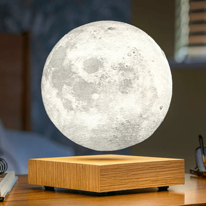 Lampe Lévitation Lunaire flottante, cratères réalistes, sur socle bois élégant, éclairage mystique pour la décoration intérie