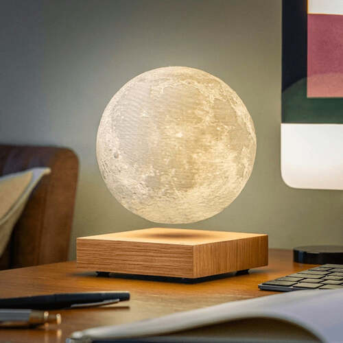 Lampe Lévitation Lunaire flottante, cratères réalistes, sur socle bois élégant, éclairage mystique pour la décoration intérie