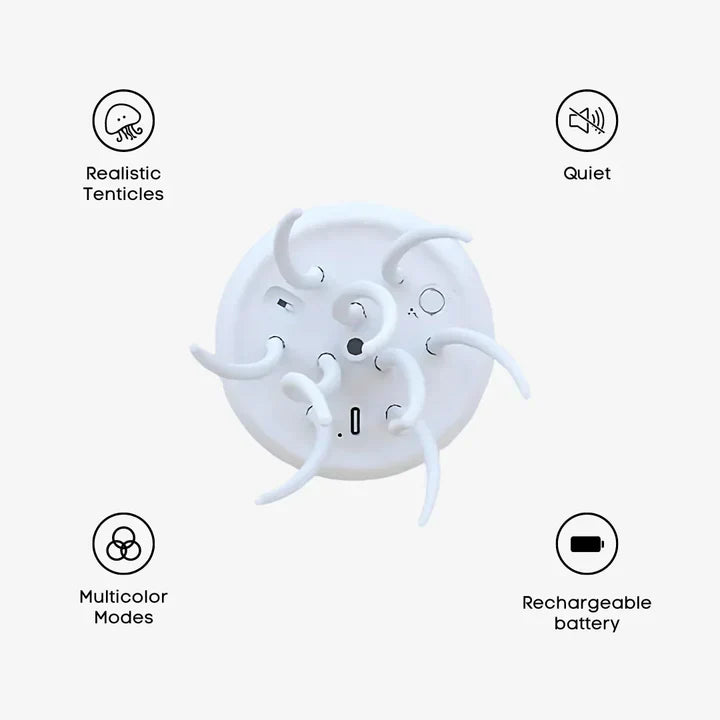 "Lampe méduse LED hypnotique avec couleurs changeantes, simulation mouvement fluide, ambiance relaxante, lumineuse."