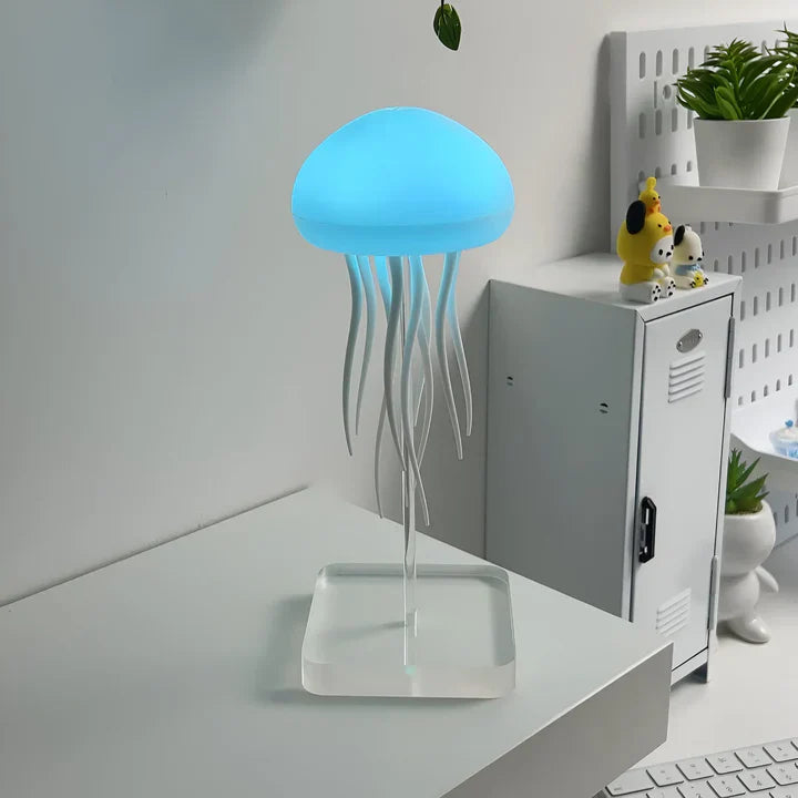 "Lampe méduse LED hypnotique avec couleurs changeantes, simulation mouvement fluide, ambiance relaxante, lumineuse."