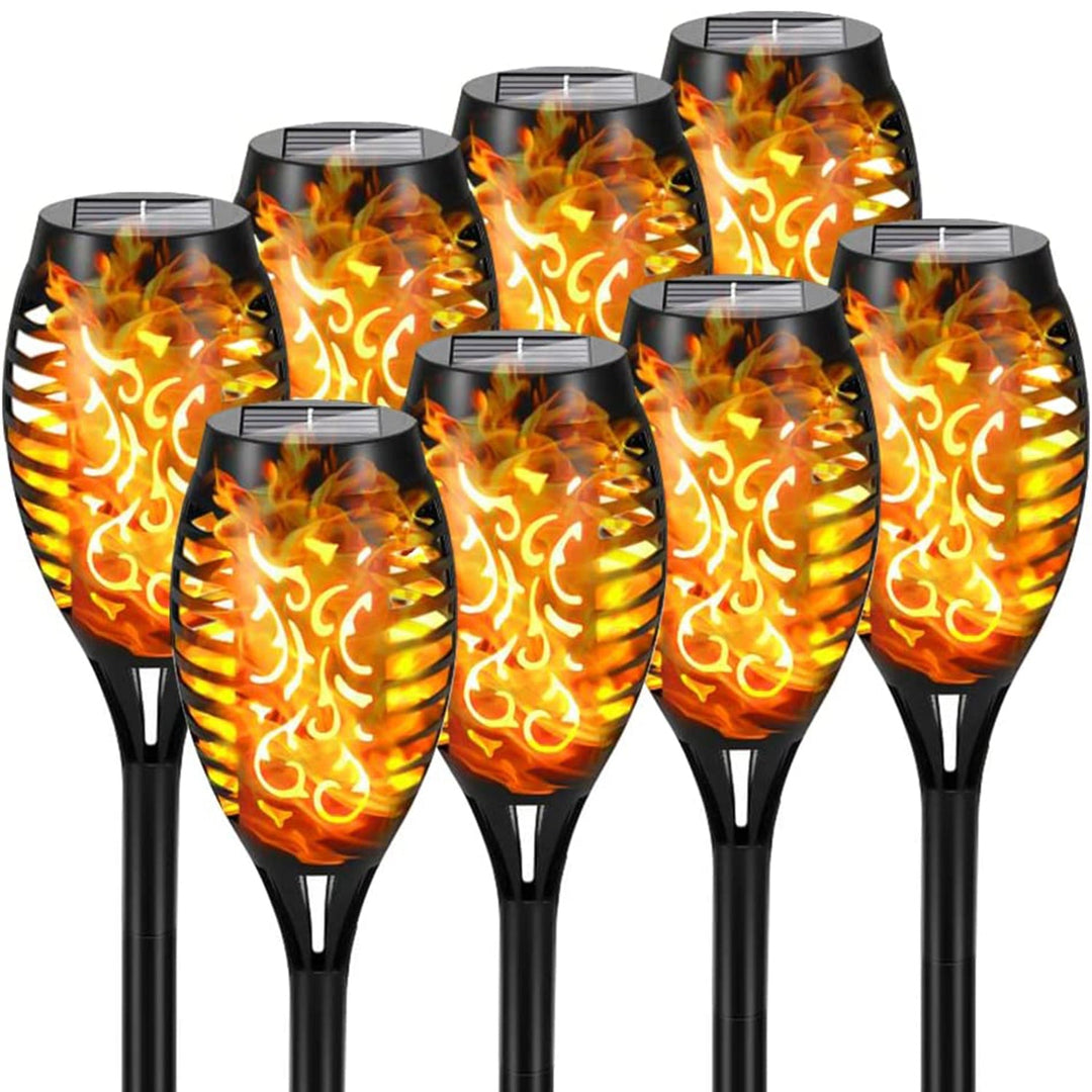 "Lampe solaire étanche effet flamme pour jardin, piquet noir, ambiance chaleureuse, écologique, 79 cm de hauteur."
