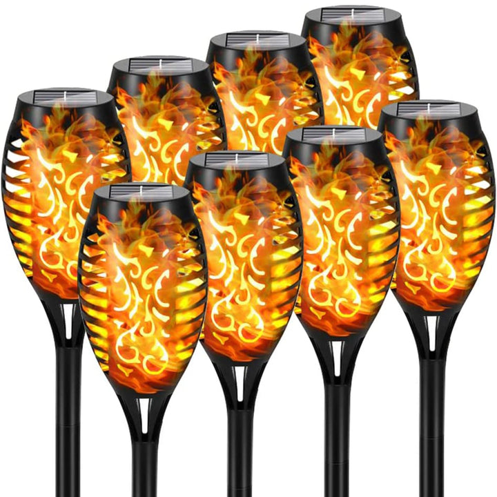 "Lampe solaire étanche effet flamme pour jardin, piquet noir, ambiance chaleureuse, écologique, 79 cm de hauteur."