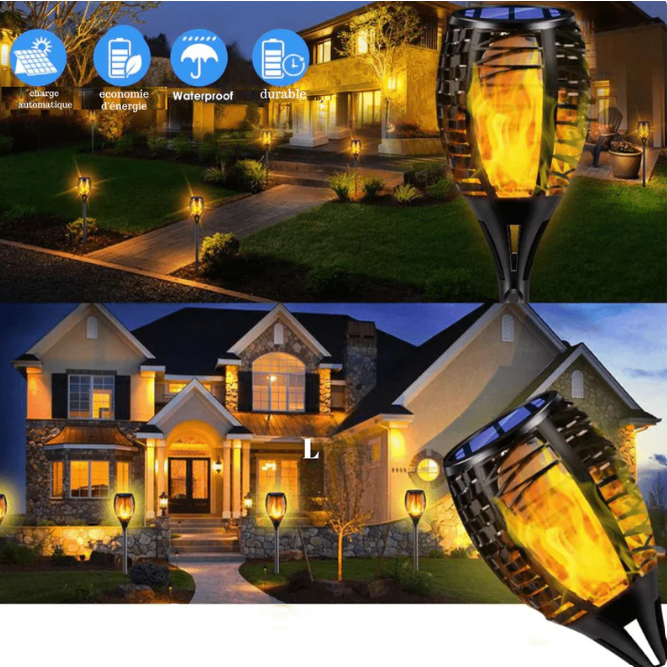 "Lampe solaire étanche effet flamme pour jardin, piquet noir, ambiance chaleureuse, écologique, 79 cm de hauteur."