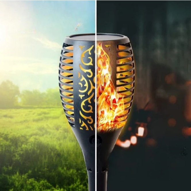 "Lampe solaire étanche effet flamme pour jardin, piquet noir, ambiance chaleureuse, écologique, 79 cm de hauteur."