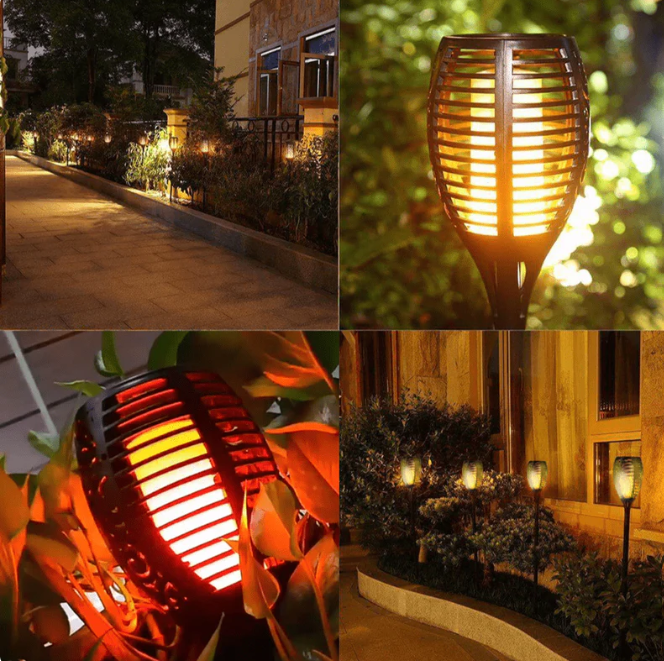 "Lampe solaire étanche effet flamme pour jardin, piquet noir, ambiance chaleureuse, écologique, 79 cm de hauteur."