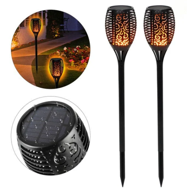 "Lampe solaire étanche effet flamme pour jardin, piquet noir, ambiance chaleureuse, écologique, 79 cm de hauteur."