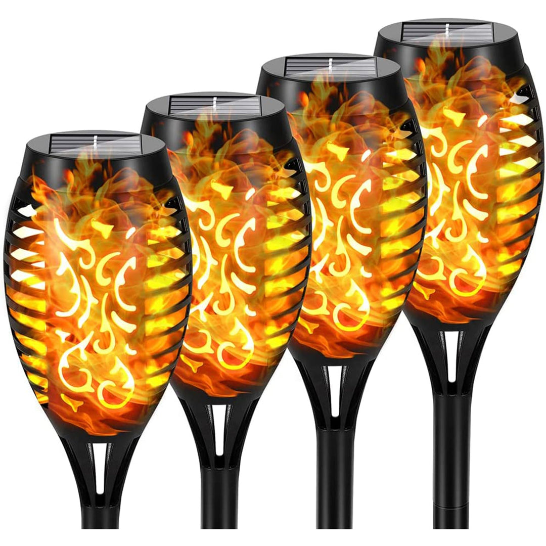 "Lampe solaire étanche effet flamme pour jardin, piquet noir, ambiance chaleureuse, écologique, 79 cm de hauteur."