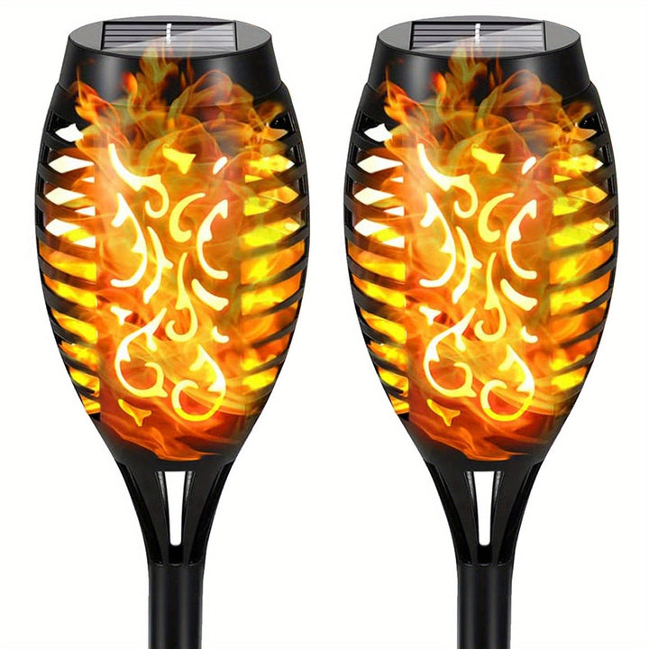 "Lampe solaire étanche effet flamme pour jardin, piquet noir, ambiance chaleureuse, écologique, 79 cm de hauteur."