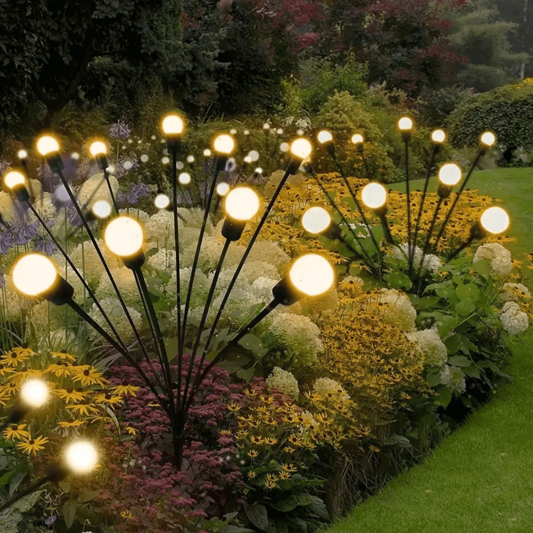 Lampe solaire extérieure LED, effet lucioles, éclairage jardin féerique, résistance intempéries, design moderne élégant.