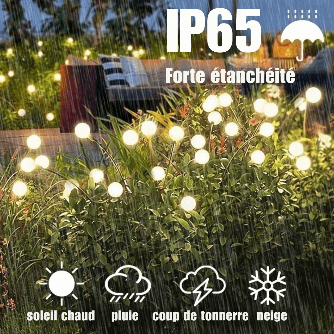 Lampe solaire extérieure LED, effet lucioles, éclairage jardin féerique, résistance intempéries, design moderne élégant.