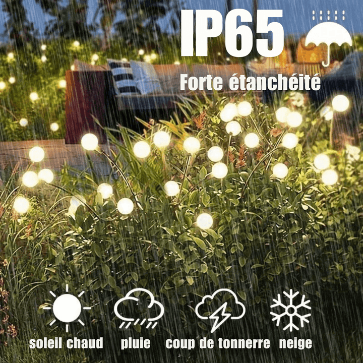 Lampe solaire extérieure LED, effet lucioles, éclairage jardin féerique, résistance intempéries, design moderne élégant.