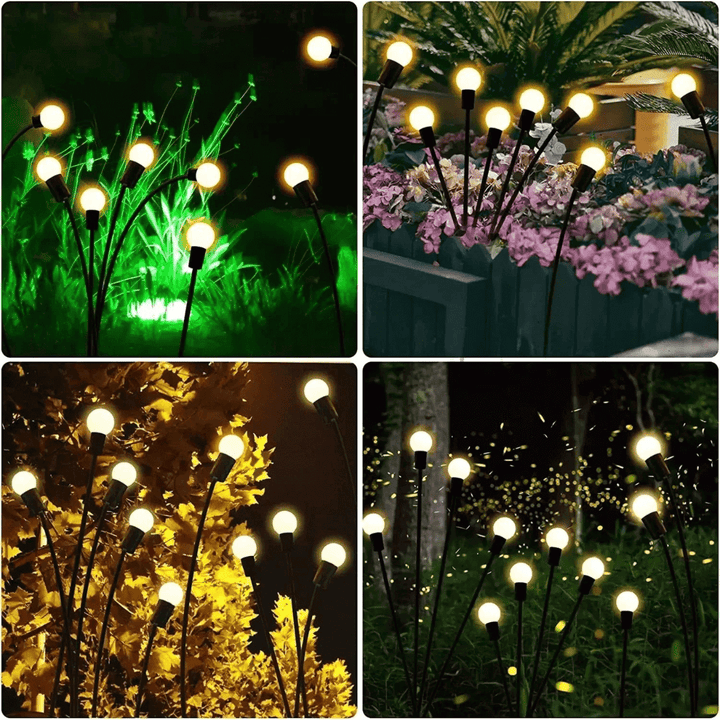 Lampe solaire extérieure LED, effet lucioles, éclairage jardin féerique, résistance intempéries, design moderne élégant.
