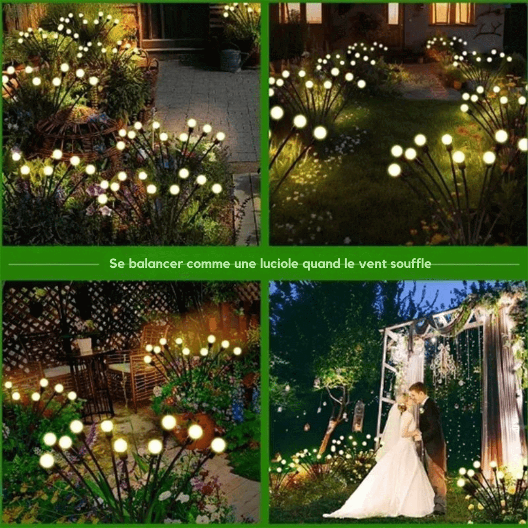 Lampe solaire extérieure LED, effet lucioles, éclairage jardin féerique, résistance intempéries, design moderne élégant.