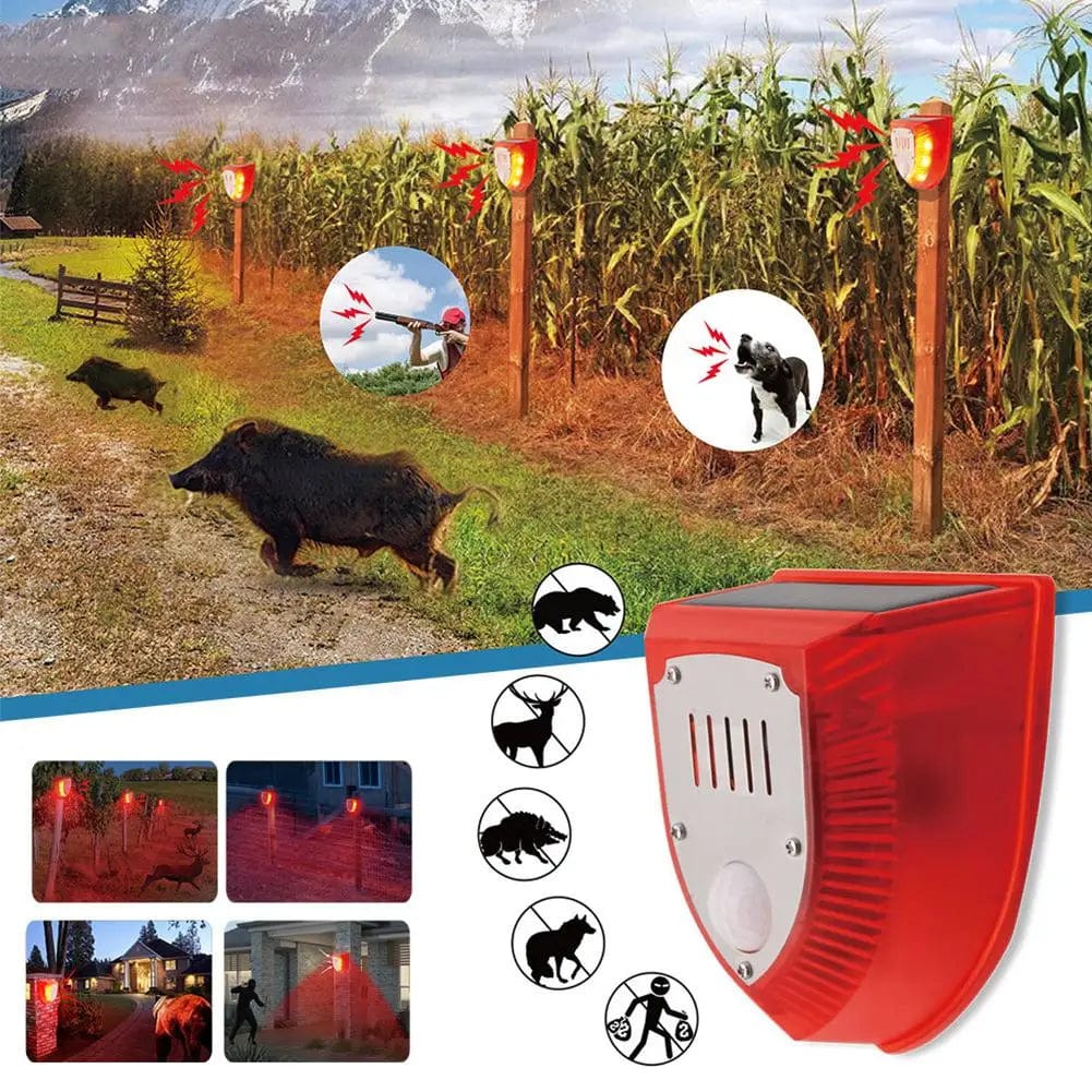 "Lampe solaire LED extérieure, avec capteur de mouvement, répulsif animaux, design robuste IP65, protection jardin."