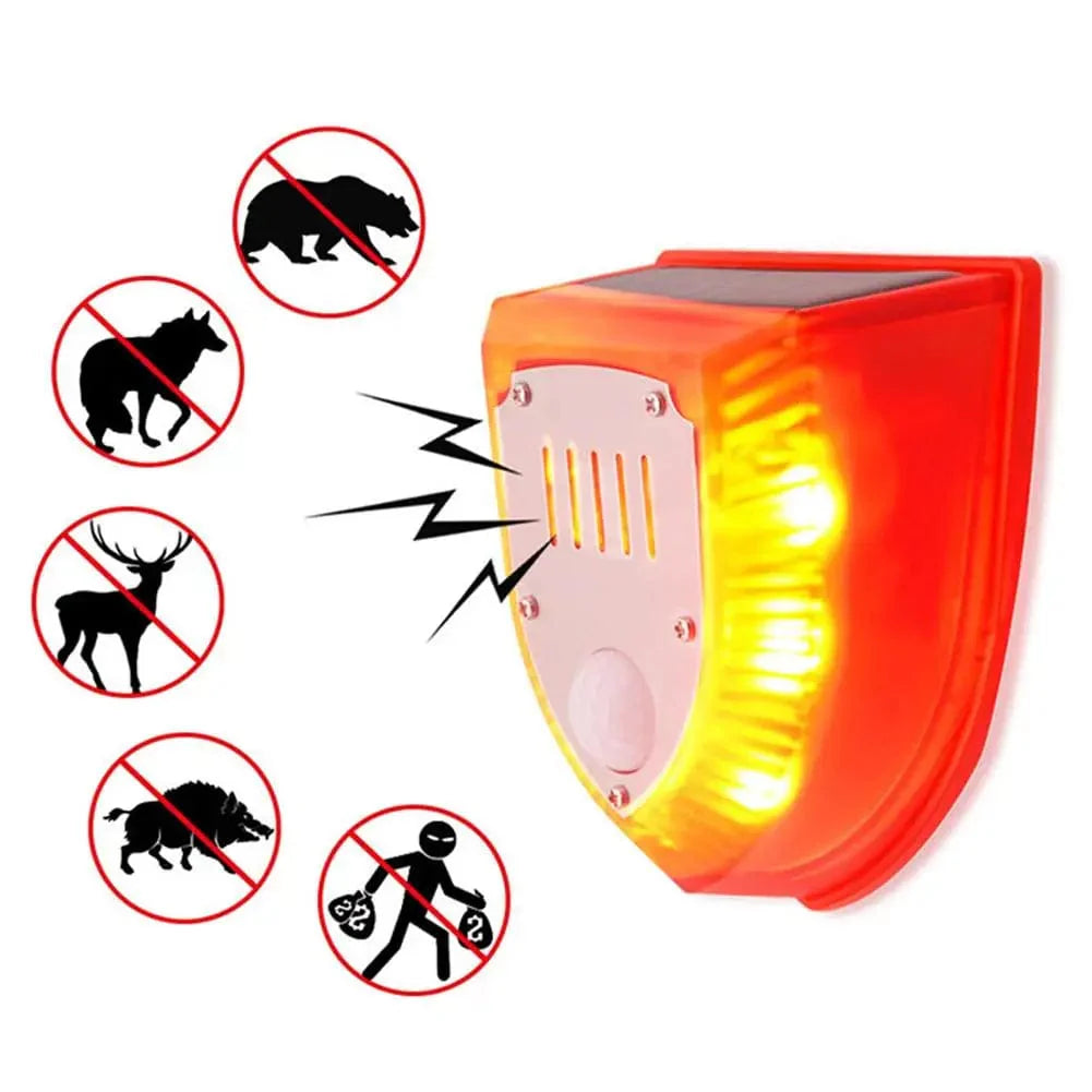 "Lampe solaire LED extérieure, avec capteur de mouvement, répulsif animaux, design robuste IP65, protection jardin."