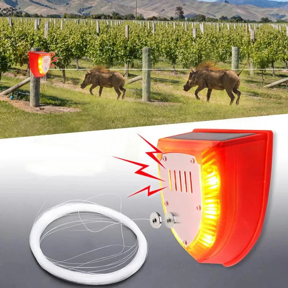 "Lampe solaire LED extérieure, avec capteur de mouvement, répulsif animaux, design robuste IP65, protection jardin."