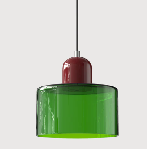 Lampe suspendue en verre avec design Bauhaus, lignes épurées, couleur beige, lumière chaleureuse pour élégance intemporelle.