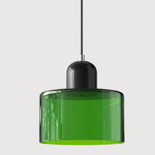 Lampe suspendue en verre avec design Bauhaus, lignes épurées, couleur beige, lumière chaleureuse pour élégance intemporelle.