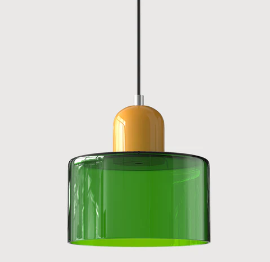Lampe suspendue en verre avec design Bauhaus, lignes épurées, couleur beige, lumière chaleureuse pour élégance intemporelle.