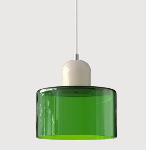 Lampe suspendue en verre avec design Bauhaus, lignes épurées, couleur beige, lumière chaleureuse pour élégance intemporelle.