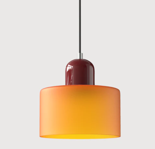 Lampe suspendue en verre avec design Bauhaus, lignes épurées, couleur beige, lumière chaleureuse pour élégance intemporelle.