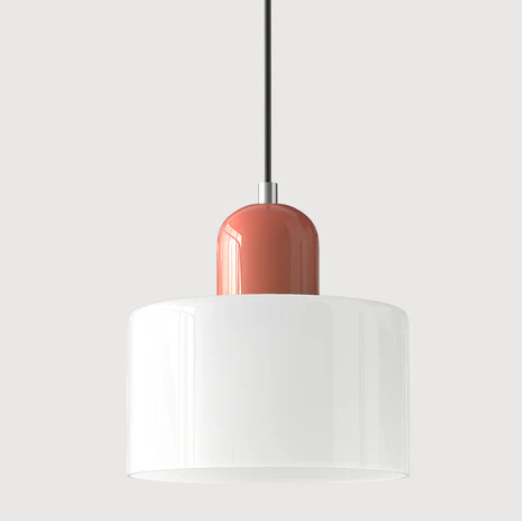 Lampe suspendue en verre avec design Bauhaus, lignes épurées, couleur beige, lumière chaleureuse pour élégance intemporelle.