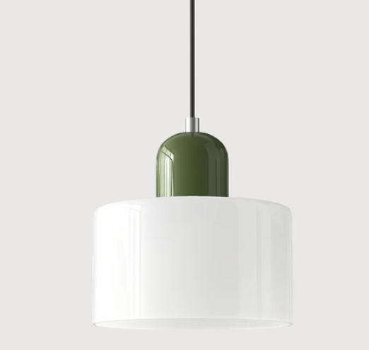 Lampe suspendue en verre avec design Bauhaus, lignes épurées, couleur beige, lumière chaleureuse pour élégance intemporelle.