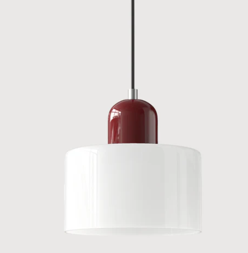 Lampe suspendue en verre avec design Bauhaus, lignes épurées, couleur beige, lumière chaleureuse pour élégance intemporelle.