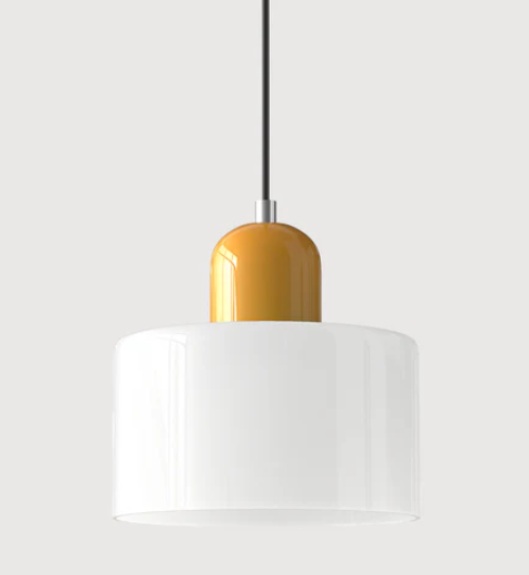 Lampe suspendue en verre avec design Bauhaus, lignes épurées, couleur beige, lumière chaleureuse pour élégance intemporelle.