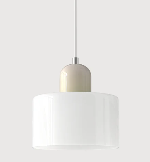 Lampe suspendue en verre avec design Bauhaus, lignes épurées, couleur beige, lumière chaleureuse pour élégance intemporelle.