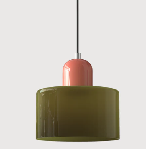 Lampe suspendue en verre avec design Bauhaus, lignes épurées, couleur beige, lumière chaleureuse pour élégance intemporelle.