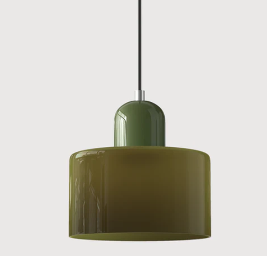 Lampe suspendue en verre avec design Bauhaus, lignes épurées, couleur beige, lumière chaleureuse pour élégance intemporelle.
