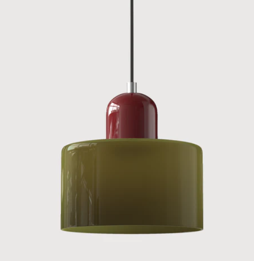 Lampe suspendue en verre avec design Bauhaus, lignes épurées, couleur beige, lumière chaleureuse pour élégance intemporelle.