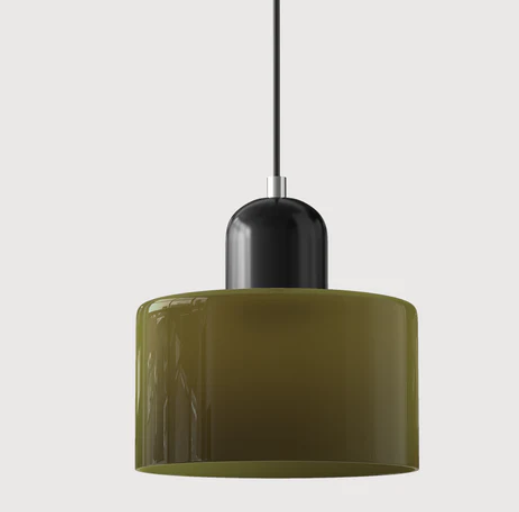 Lampe suspendue en verre avec design Bauhaus, lignes épurées, couleur beige, lumière chaleureuse pour élégance intemporelle.
