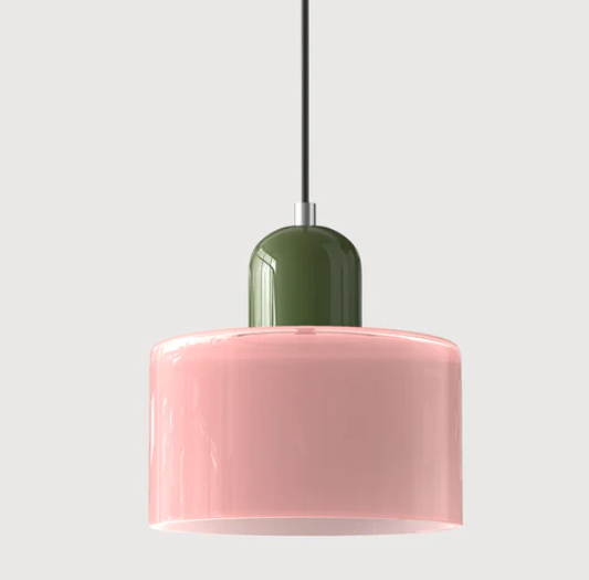 Lampe suspendue en verre avec design Bauhaus, lignes épurées, couleur beige, lumière chaleureuse pour élégance intemporelle.