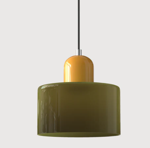 Lampe suspendue en verre avec design Bauhaus, lignes épurées, couleur beige, lumière chaleureuse pour élégance intemporelle.