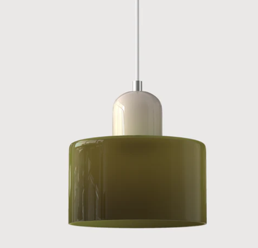 Lampe suspendue en verre avec design Bauhaus, lignes épurées, couleur beige, lumière chaleureuse pour élégance intemporelle.