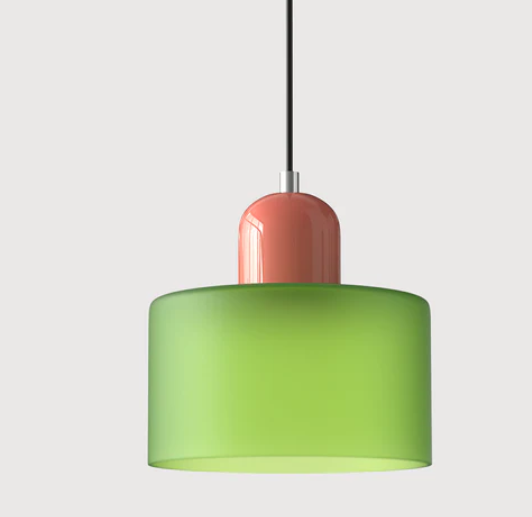 Lampe suspendue en verre avec design Bauhaus, lignes épurées, couleur beige, lumière chaleureuse pour élégance intemporelle.